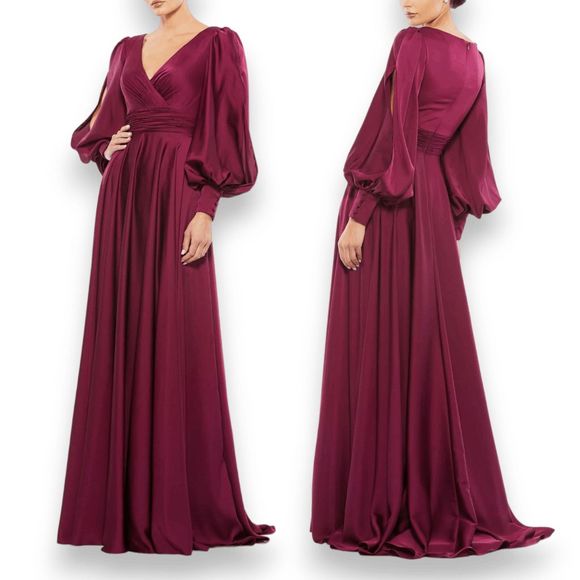 Mac Duggal Flowy Split Bishop Sleeve Wine Faux Wrap Gown‎ Dress Size 8 Women's - Picture 1 of 15